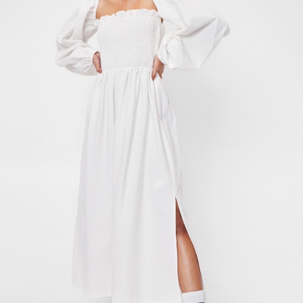 Off-White linen look puff sleeve shirred midi dress